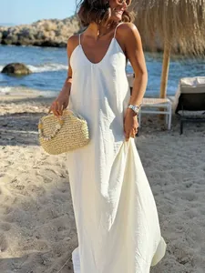 Elegant solid white spaghetti strap loose backless maxi dress for summer beach vacations