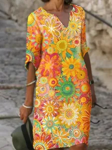 Vibrant floral print V-neck dress for women with vintage bohemian style.