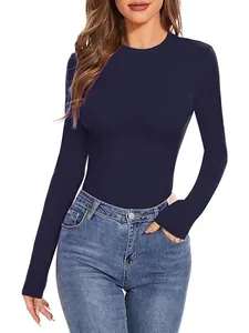 Camiseta azul marino de manga larga y cuello redondo para mujer con ajuste entallado sexy