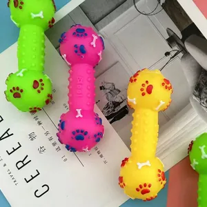 Three colorful squeaky dumbbell dog toys with paw prints for effective teeth cleaning