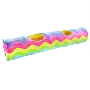 Durable rainbow collapsible cat tunnel toy with crinkle paper for active indoor pets