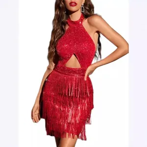 Sexy red sequin halter mini dress with layered tassels and waist cut-out detail