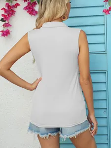 Detail view showing the back of a light gray sleeveless ribbed knit polo top.