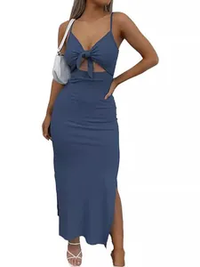 Elegant sleeveless blue ribbed bodycon maxi dress with tie-front cutout and side slits detail