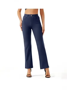 Women's navy blue high-waisted straight-leg trousers with elastic waistband for work