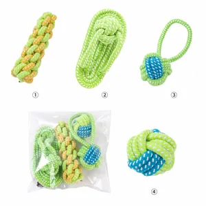 Detail showing four different styles of colorful braided cotton rope dog chew toys for puppies