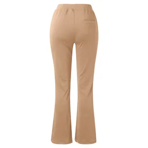 Back view of high-waisted flare yoga pants in khaki featuring a hidden rear pocket detail