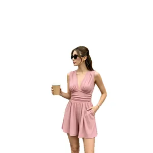 Eleganter rosa ärmelloser Jumpsuit mit tiefem V-Ausschnitt und elastischer Taille für Damen