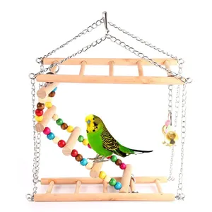 Dettaglio di un parrocchetto verde su una scaletta di legno colorata per uccelli con campanelli.