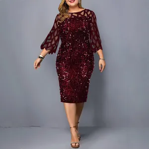 Damen Übergröße Pailletten Netz-Patchwork Midi Kleid Elegant Rundhals Figurbetont Party Kleid Langarm Etuikleid Clubwear