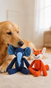 Dettaglio dei giocattoli per cani in peluche elefante e volpe con trama a quadri