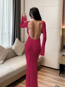 Elegant long-sleeved magenta backless maxi dress sexy beach cover-up for women