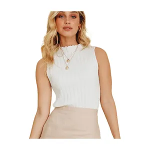 Elegant women's white sleeveless ribbed knit top featuring mock neck and slim fit style