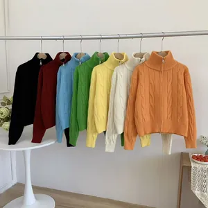 Cozy multi-color cable knit cardigans featuring high neck and double zipper design for women