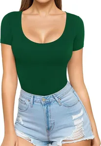 Detail shot of the deep scoop neckline on a dark green slim-fit short sleeve T-shirt.
