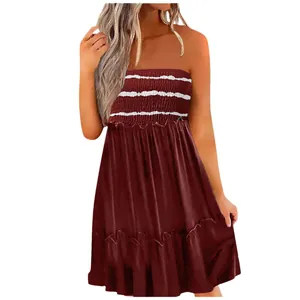 Bohemian strapless smocked mini dress in maroon color with white striped tiered skirt
