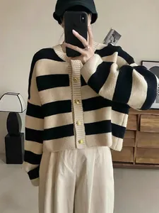 Classic black and beige striped knitted cardigan with gold buttons for women's winter