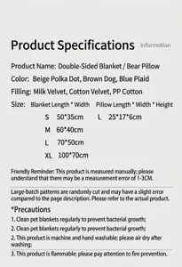 Complete size chart and specifications for plush pet blankets and cute bear pillows.