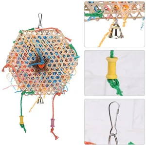 Detailed views of bamboo woven parrot toy featuring metal bell and hanging hook