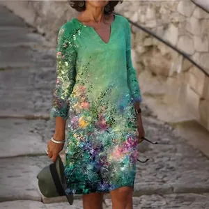 Women Vintage Artistic Floral Printed Dress Elegant Round Neck Loose Casual Short Sleeve Midi Dress For Summer Vacation