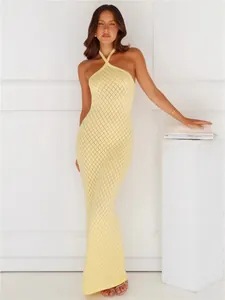 Women Sexy Halter Neck Hollow Out Knitted Beach Dress Solid Color Backless Maxi Dress Bikini Cover Up Summer Resort Wear