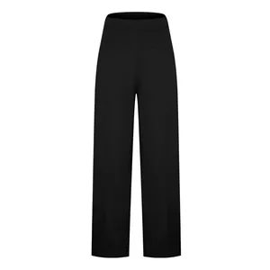 Close-up view of black high-waisted yoga pants featuring side pockets and straight-leg cut