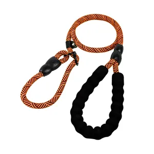 Detailed close-up of heavy-duty braided P-rope dog leash with soft black foam handle