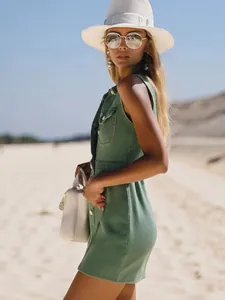 Vintage green denim sleeveless shirt mini dress for stylish summer beach and outdoor wear