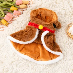 Caldo mantello di peluche marrone con cappuccio e fiocco rosso per cani e gatti