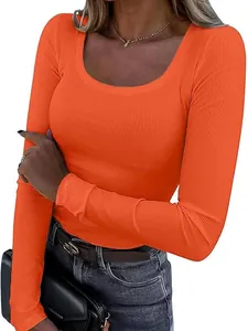 Vibrant orange women's ribbed slim fit long sleeve scoop neck knit t-shirt stylish top