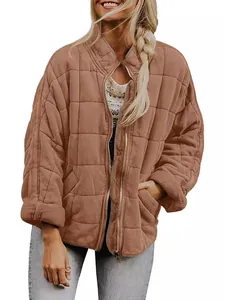 Women's oversized quilted zip-up jacket in terracotta brown with stand collar design