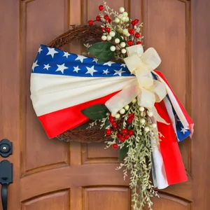 Guirnalda del Día de la Independencia para Puerta Principal Exterior Rojo Blanco Azul Barras y Estrellas Lazo de Arpillera Decoración Patriótica