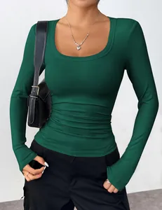 Close-up detail of a dark green ribbed long sleeve square neck slim fit T-shirt for women