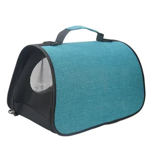 Foldable blue pet carrier bag with breathable mesh for cats and small dogs travel