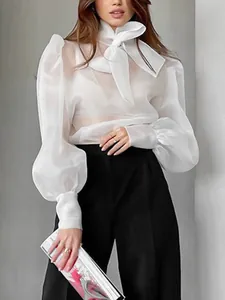 Elegante blusa de malla blanca semitransparente estilo francés con lazo y mangas abullonadas