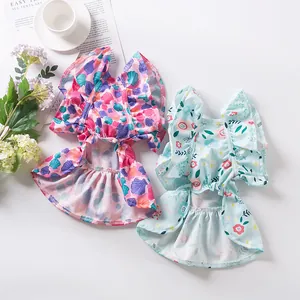 Breathable floral and seashell print pet dresses with ruffled straps for small dogs and cats
