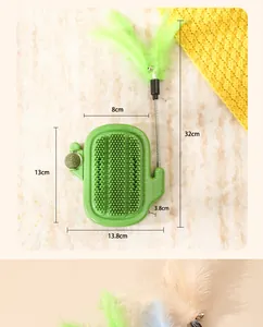 Detailed view of cactus cat self-groomer with feather teaser showing dimensions