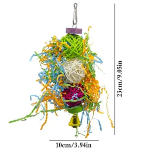 Precise dimensions for bird shredder toy featuring colorful vine balls and bell