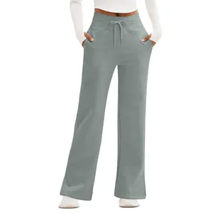 Women's grey high-waisted wide-leg lounge pants with drawstring waist and side slits