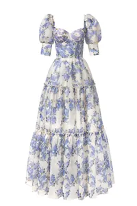Elegant floral print organza evening gown featuring puff sleeves and a corset bodice design