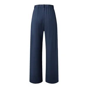 Vista posteriore di pantaloni casual blu navy a vita alta con gamba larga da donna