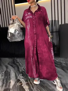 Casual lapel long shirt dress with letter print in maroon wash