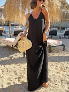 Elegant black loose fit sleeveless maxi camisole dress for summer beach vacation style