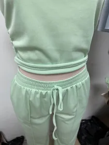 Detailed view of women's knit two-piece set featuring a comfortable elastic drawstring waist