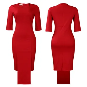 Elegant red half-sleeve bodycon dress with a unique vertical hemline, front and back views.