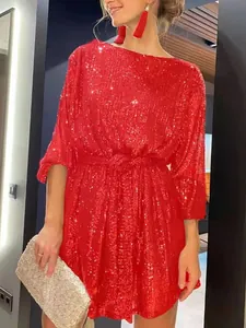 Robe de cocktail de fête à paillettes rouges avec ceinture et manches trois-quarts