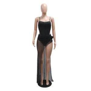 Ensemble body noir sexy avec strass et jupe en tulle à fente haute pour soirées