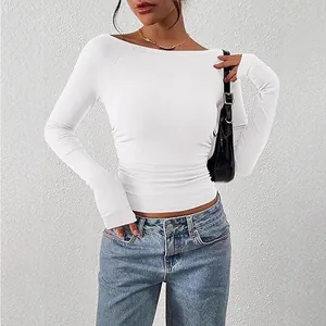 T-shirt da donna a maniche lunghe con scollo a barca, crop top in maglia a costine