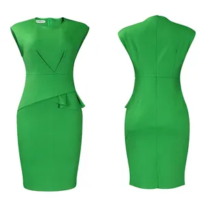 Elegantes smaragdgrünes Bodycon-Bleistiftkleid mit Falten, Vorder- und Rückansicht