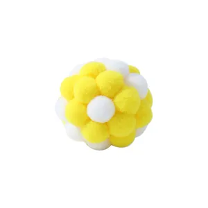 Soft macaron yellow and white plush pom-pom interactive ball toy for cats with bell